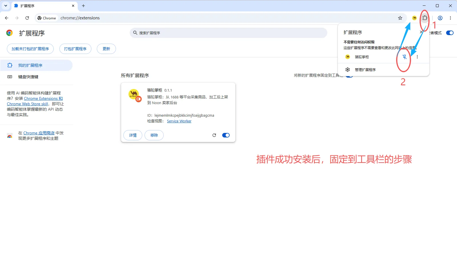 Chrome 把骆驼掌柜固定到工具栏：点扩展图标 → 点固定