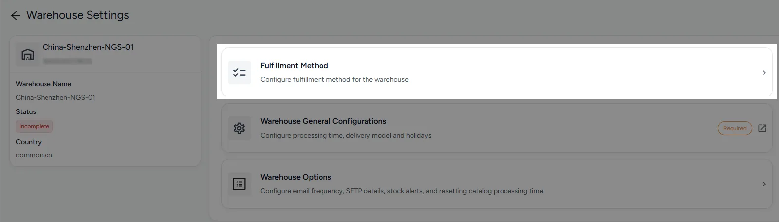 Warehouse Settings 页面:点击 Fulfillment Method 板块